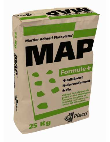 Mortier colle adhésif pour complexe isolant MAP formule+ PLACOPLATRE                                                                                                                                     MATERIAUX PLATRERIE COLLE POUR DOUBLAGE PLACOPLATRE SA